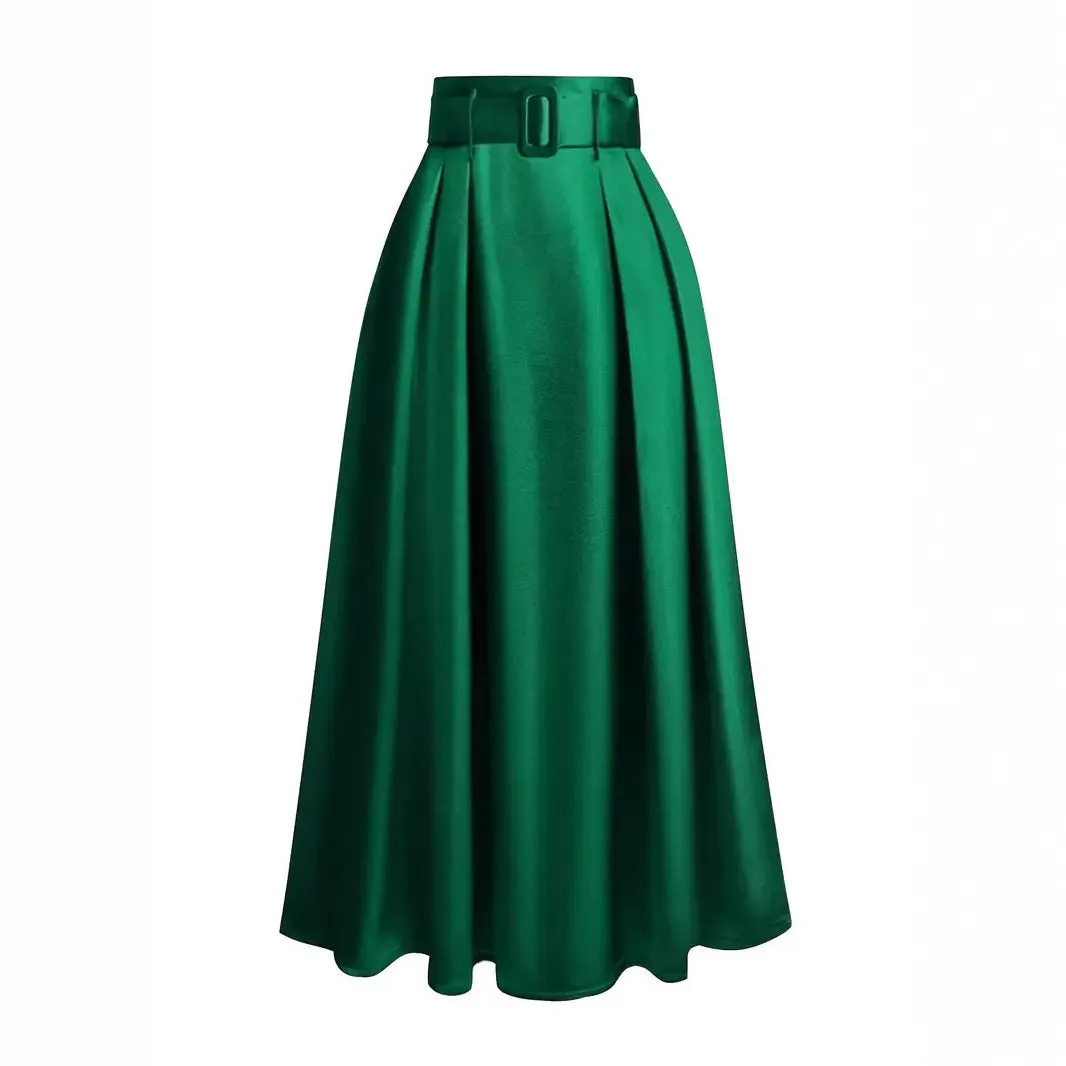 Women's high waist pure color satin skirt with lace-up detail in black, front view