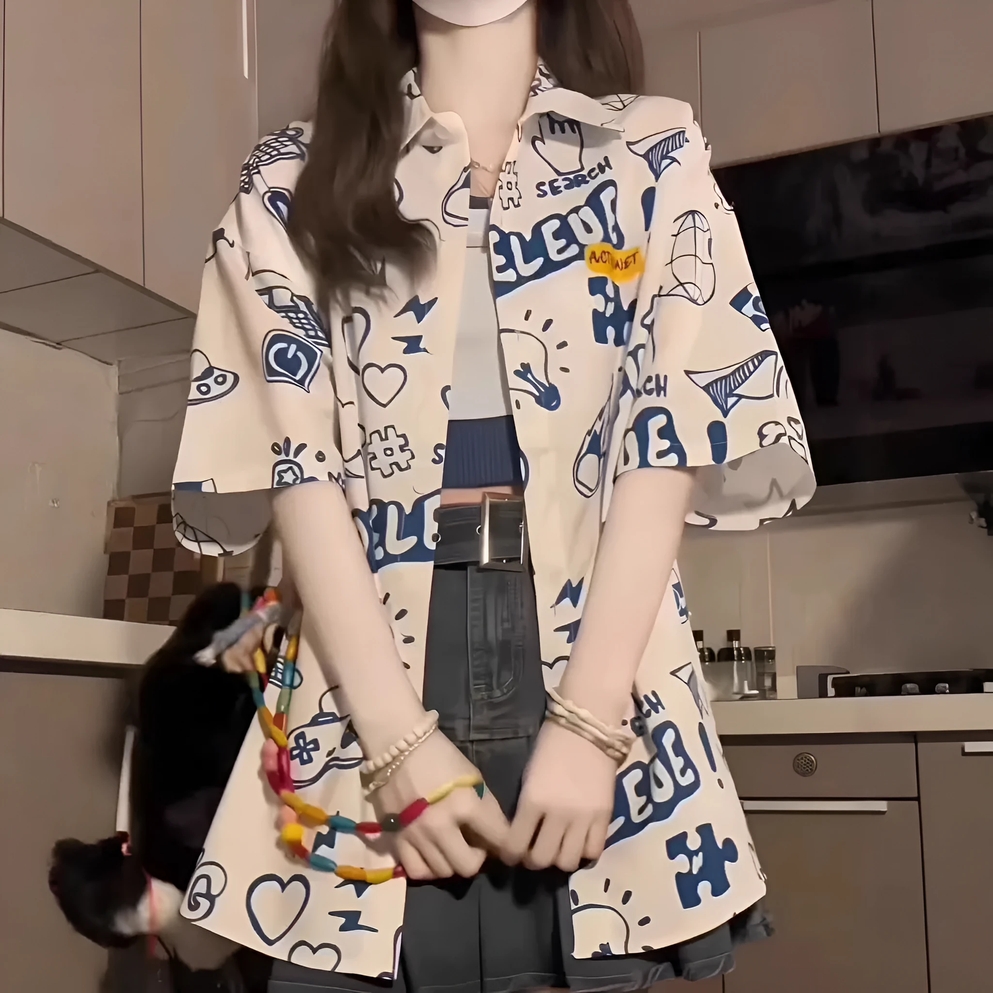 Student loose fit polyester shirt with cartoon animation print in dark blue video game graffiti design