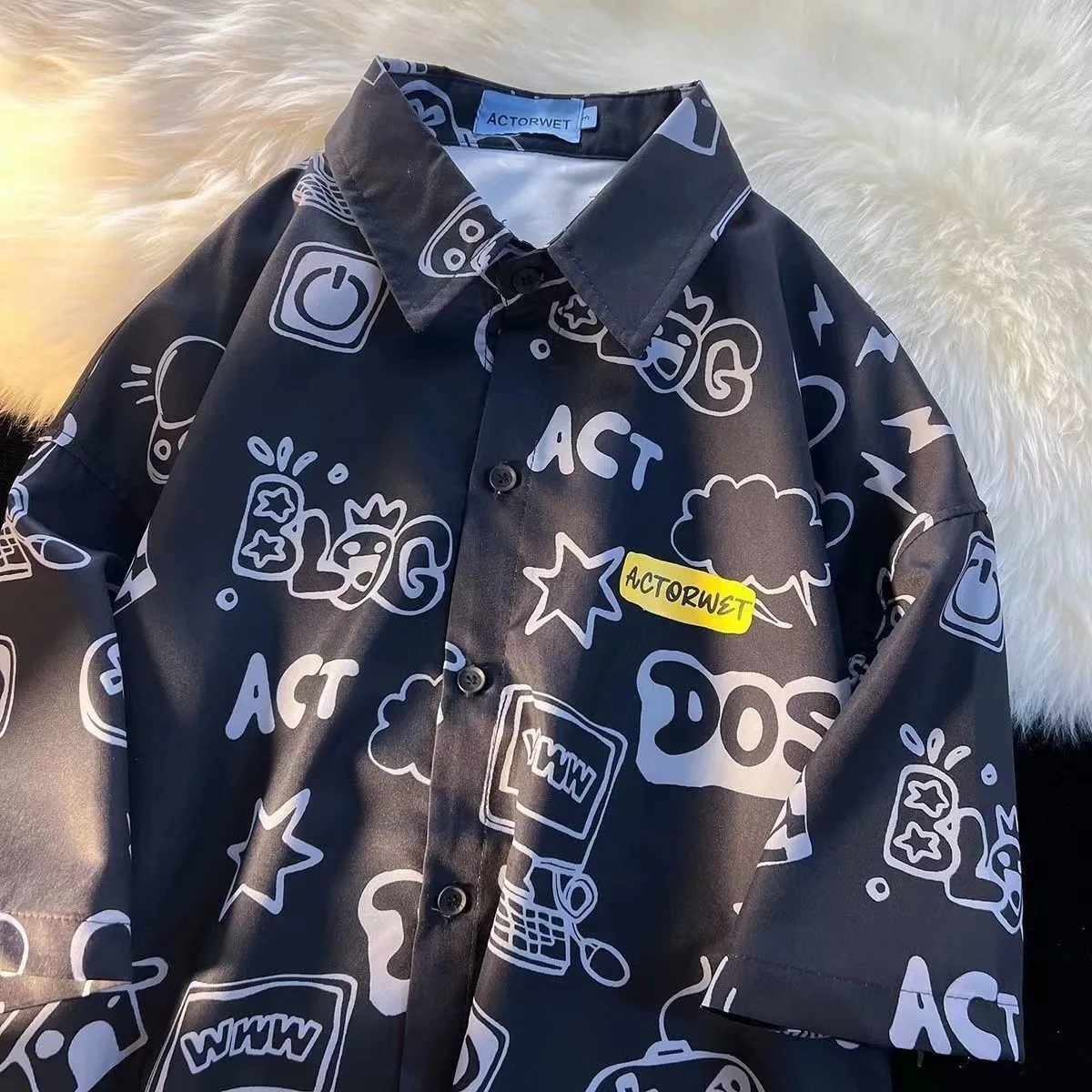 Student loose fit polyester shirt with cartoon animation print in dark blue video game graffiti design