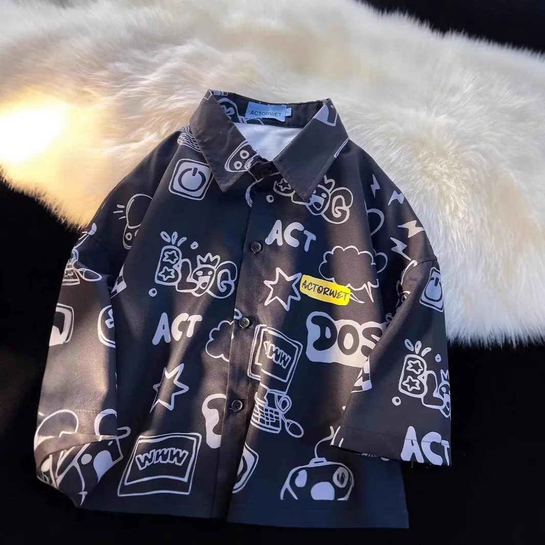 Student loose fit polyester shirt with cartoon animation print in dark blue video game graffiti design