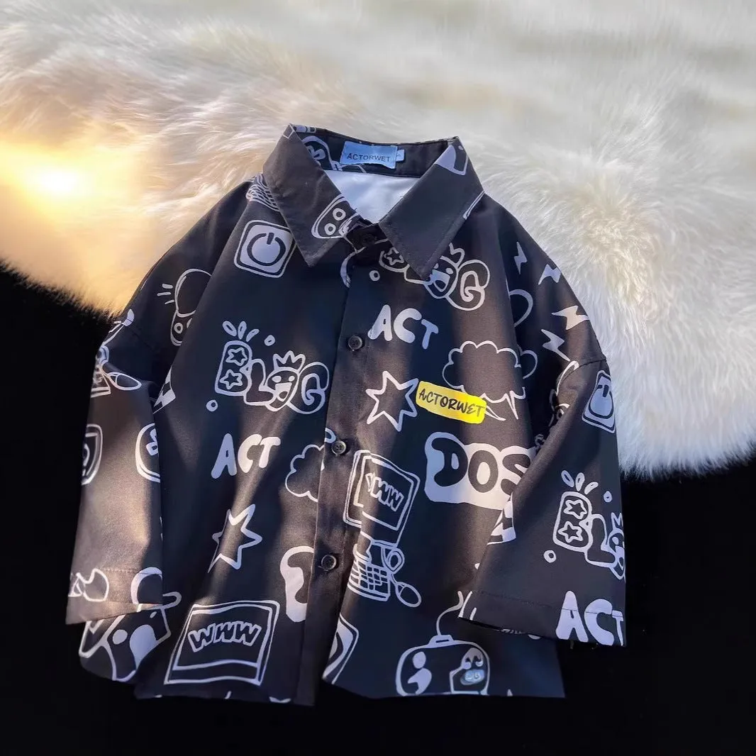 Student loose fit polyester shirt with cartoon animation print in dark blue video game graffiti design
