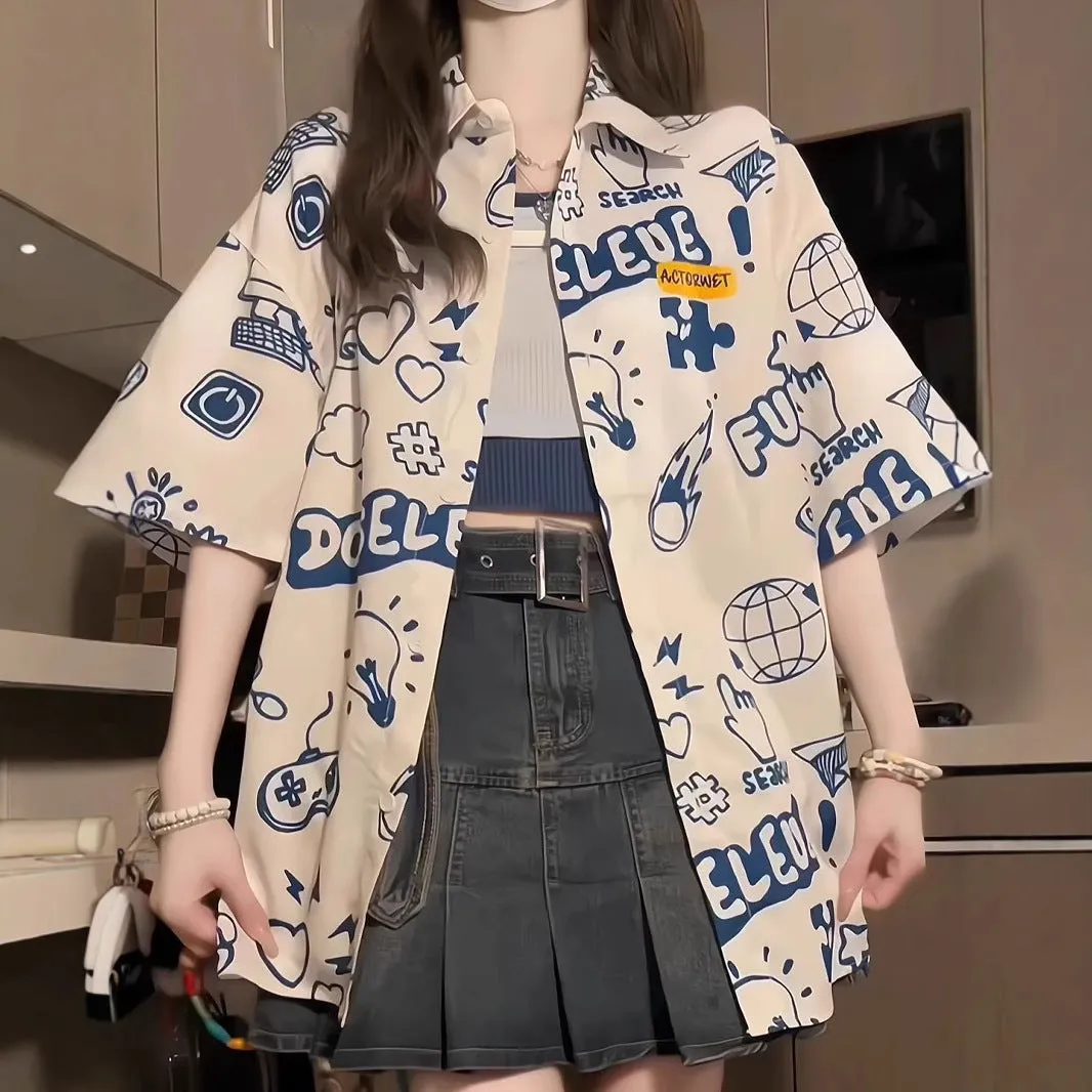 Student loose fit polyester shirt with cartoon animation print in dark blue video game graffiti design