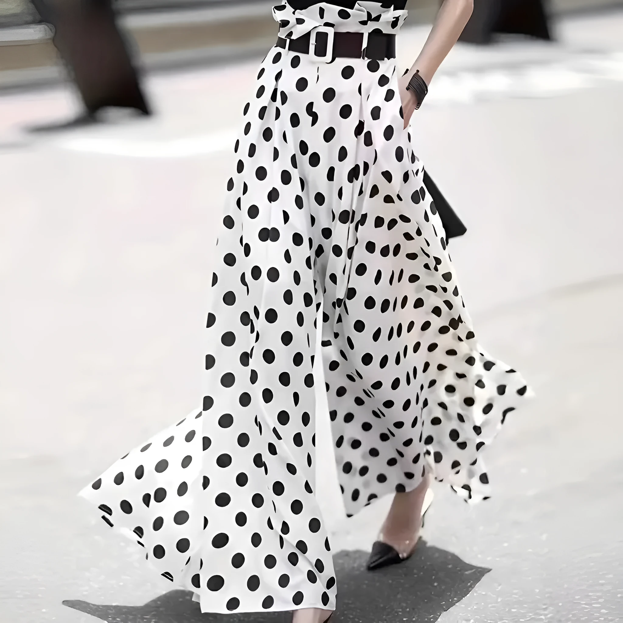 Women's white bohemian ruffled wide-leg pants with patterned bell-bottom design, polyester, casual Japanese Korean style