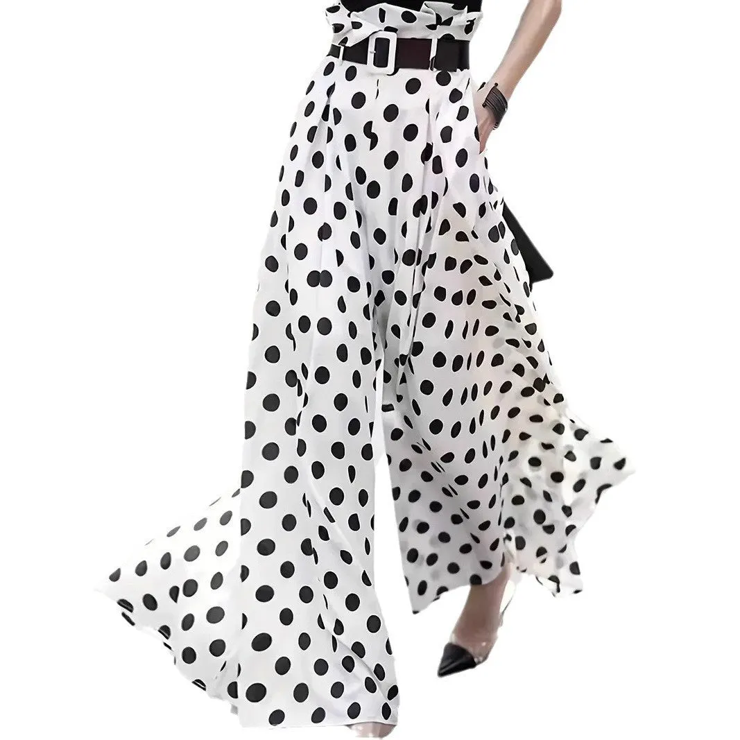 Women's white bohemian ruffled wide-leg pants with patterned bell-bottom design, polyester, casual Japanese Korean style