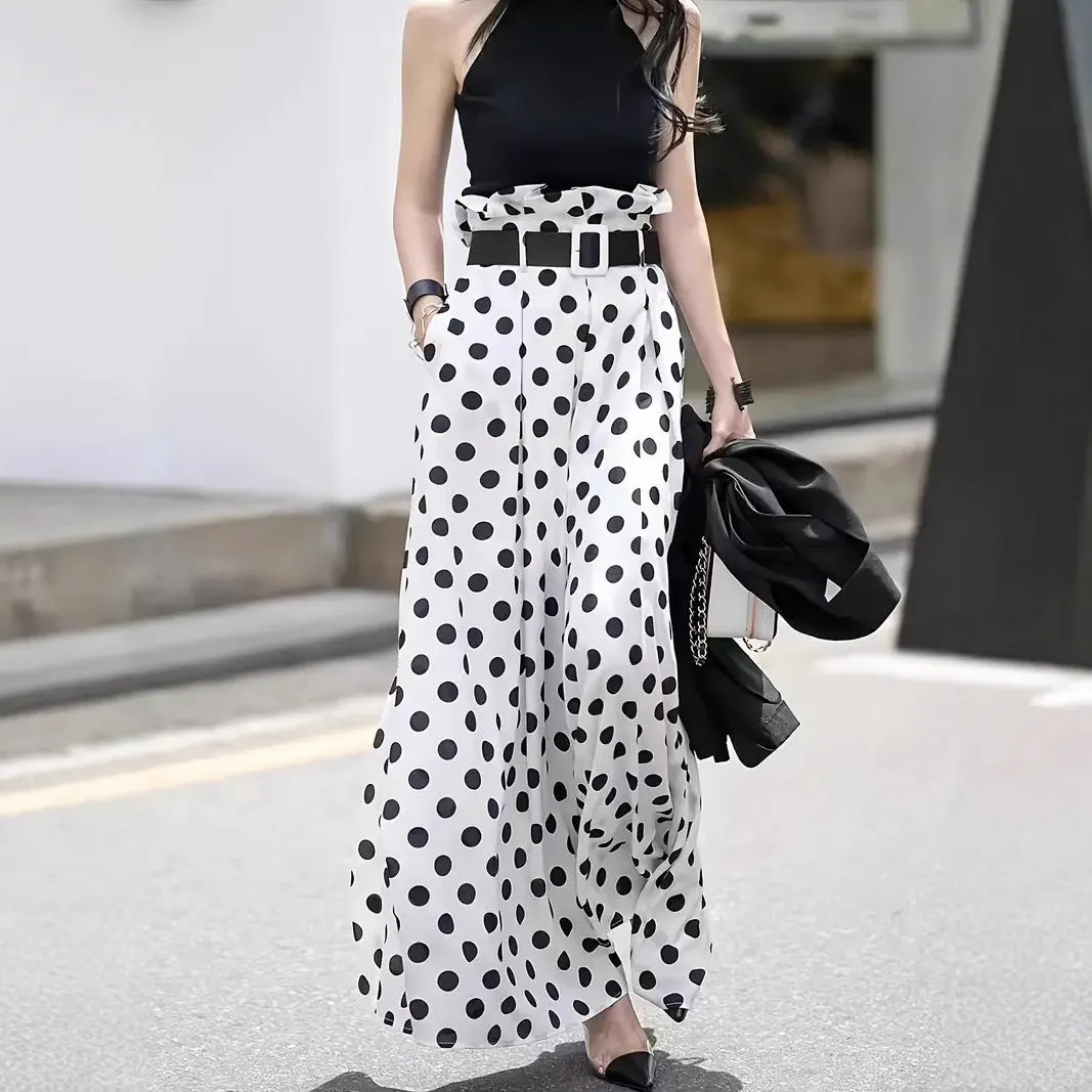 Women's white bohemian ruffled wide-leg pants with patterned bell-bottom design, polyester, casual Japanese Korean style