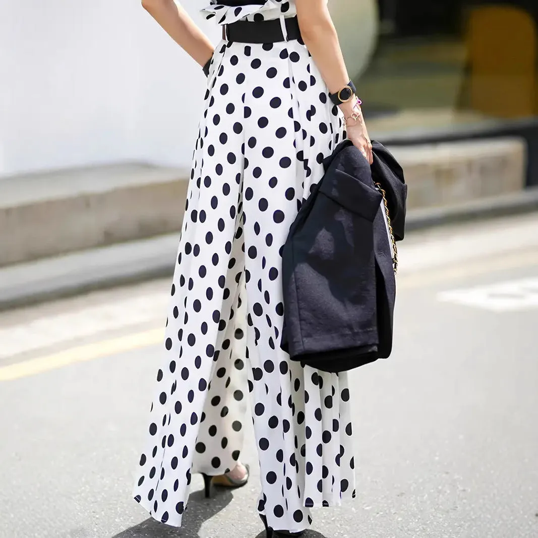 Women's white bohemian ruffled wide-leg pants with patterned bell-bottom design, polyester, casual Japanese Korean style