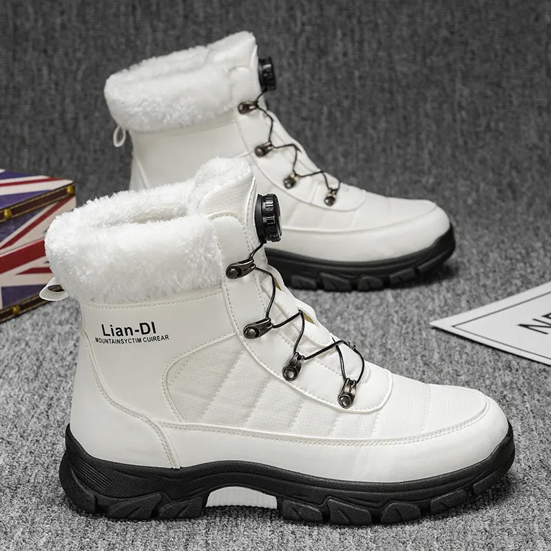 Men's fleece-lined thickened snow boots in black, round toe, artificial PU upper, side view