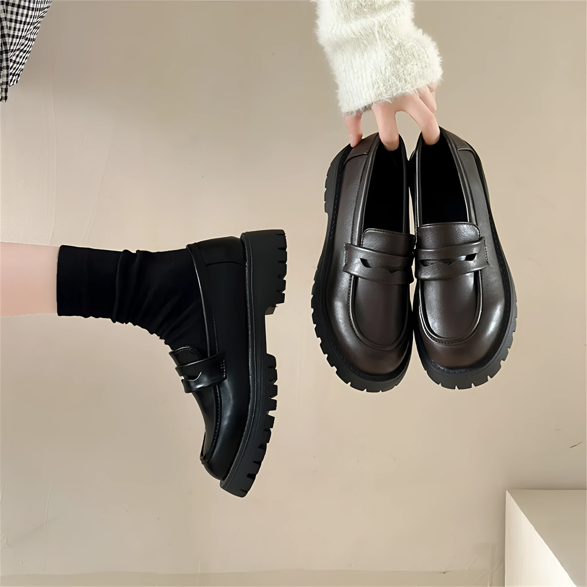 Chunky heel platform shoes women low heel round toe PU rubber British style black
