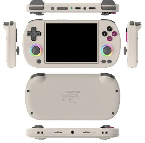 RG40XXH retro handheld game console in black with wireless handle and USB data cable