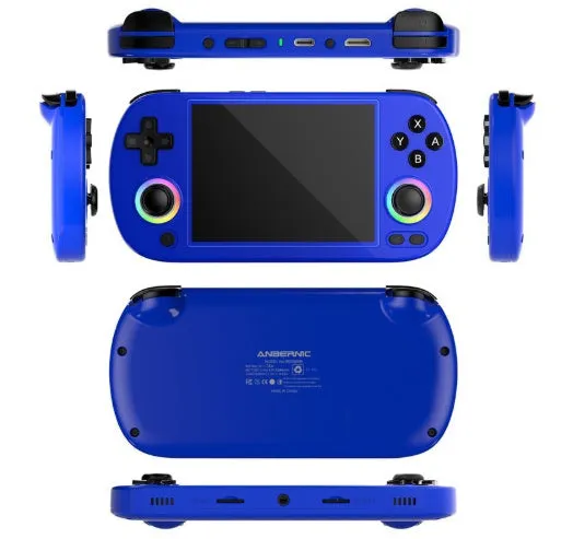 RG40XXH retro handheld game console in black with wireless handle and USB data cable