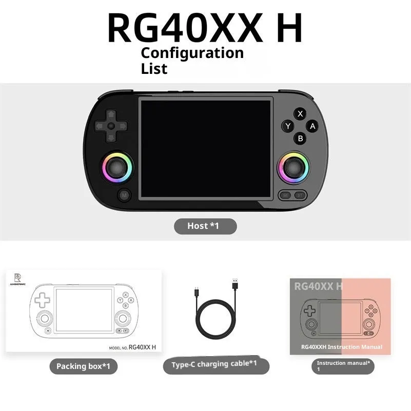 RG40XXH retro handheld game console in black with wireless handle and USB data cable