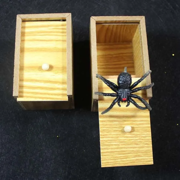 Small camellia wood trick box with spider pop-out surprise prank for youth