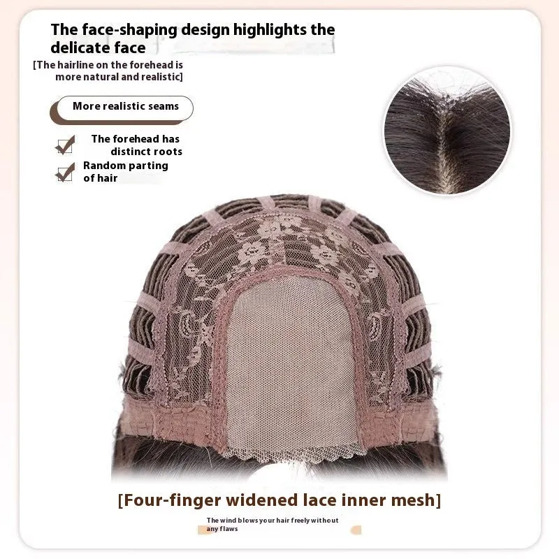 Natural black mid-length straight wig with forehead lace, shown with hair net, clip, comb, and care solution.