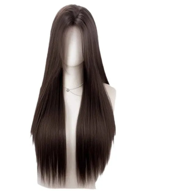 Natural black mid-length straight wig with forehead lace, shown with hair net, clip, comb, and care solution.
