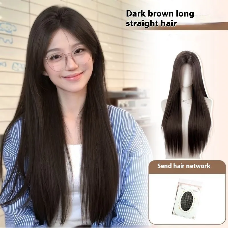Natural black mid-length straight wig with forehead lace, shown with hair net, clip, comb, and care solution.