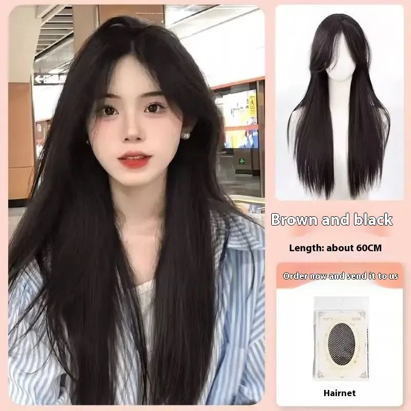 Natural black mid-length straight wig with forehead lace, shown with hair net, clip, comb, and care solution.