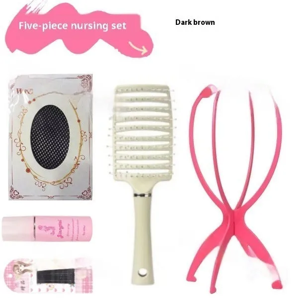 Natural black mid-length straight wig with forehead lace, shown with hair net, clip, comb, and care solution.
