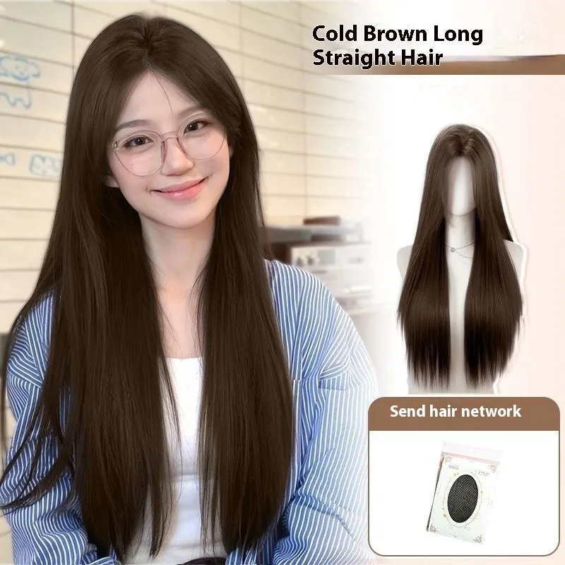 Natural black mid-length straight wig with forehead lace, shown with hair net, clip, comb, and care solution.
