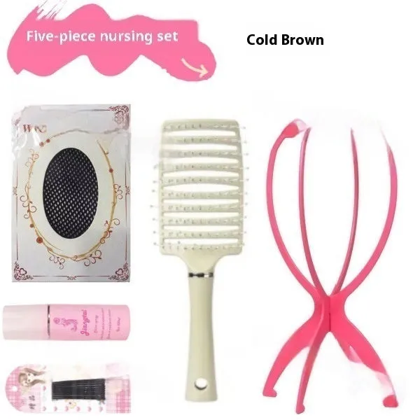 Natural black mid-length straight wig with forehead lace, shown with hair net, clip, comb, and care solution.