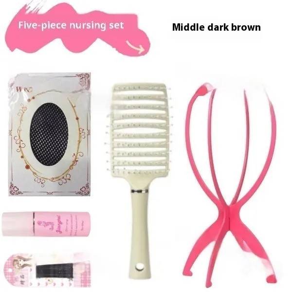 Natural black mid-length straight wig with forehead lace, shown with hair net, clip, comb, and care solution.