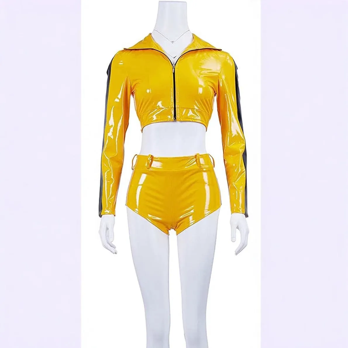 Yellow polyester micro-string dyeing short-sleeved top and shorts two-piece role-playing costume set