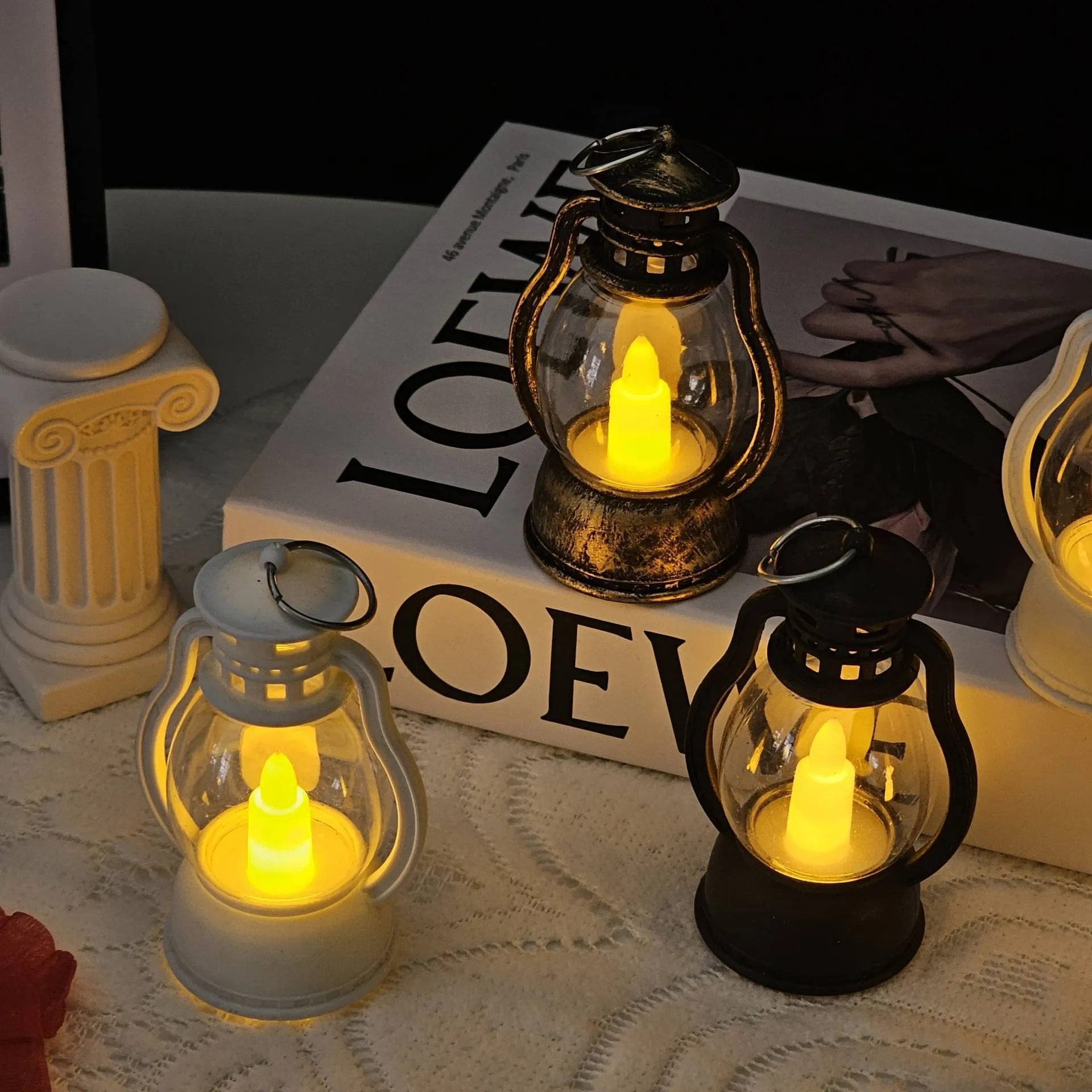Creative electronic candle craft barn lantern layout decoration in black PP material for bar hotel use