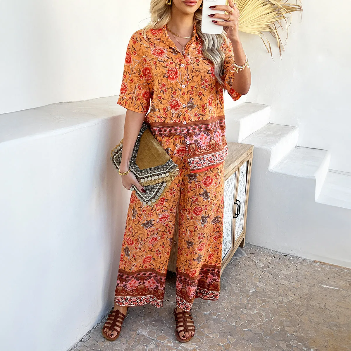 Bohemian print viscose short sleeve top and long pants set in contrast colours for women
