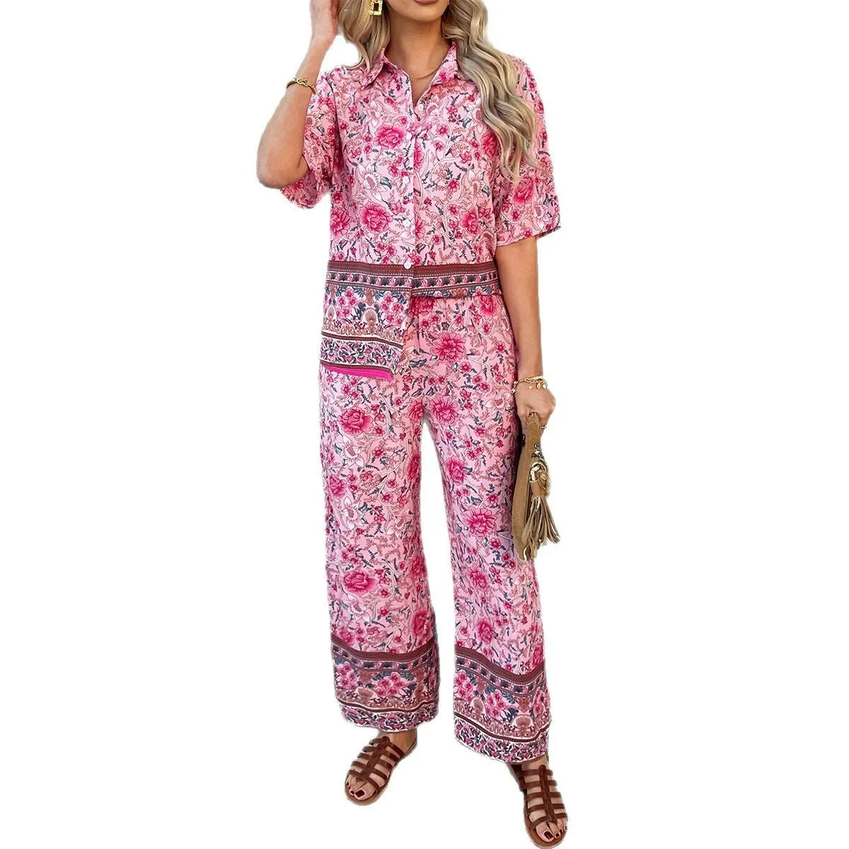 Bohemian print viscose short sleeve top and long pants set in contrast colours for women