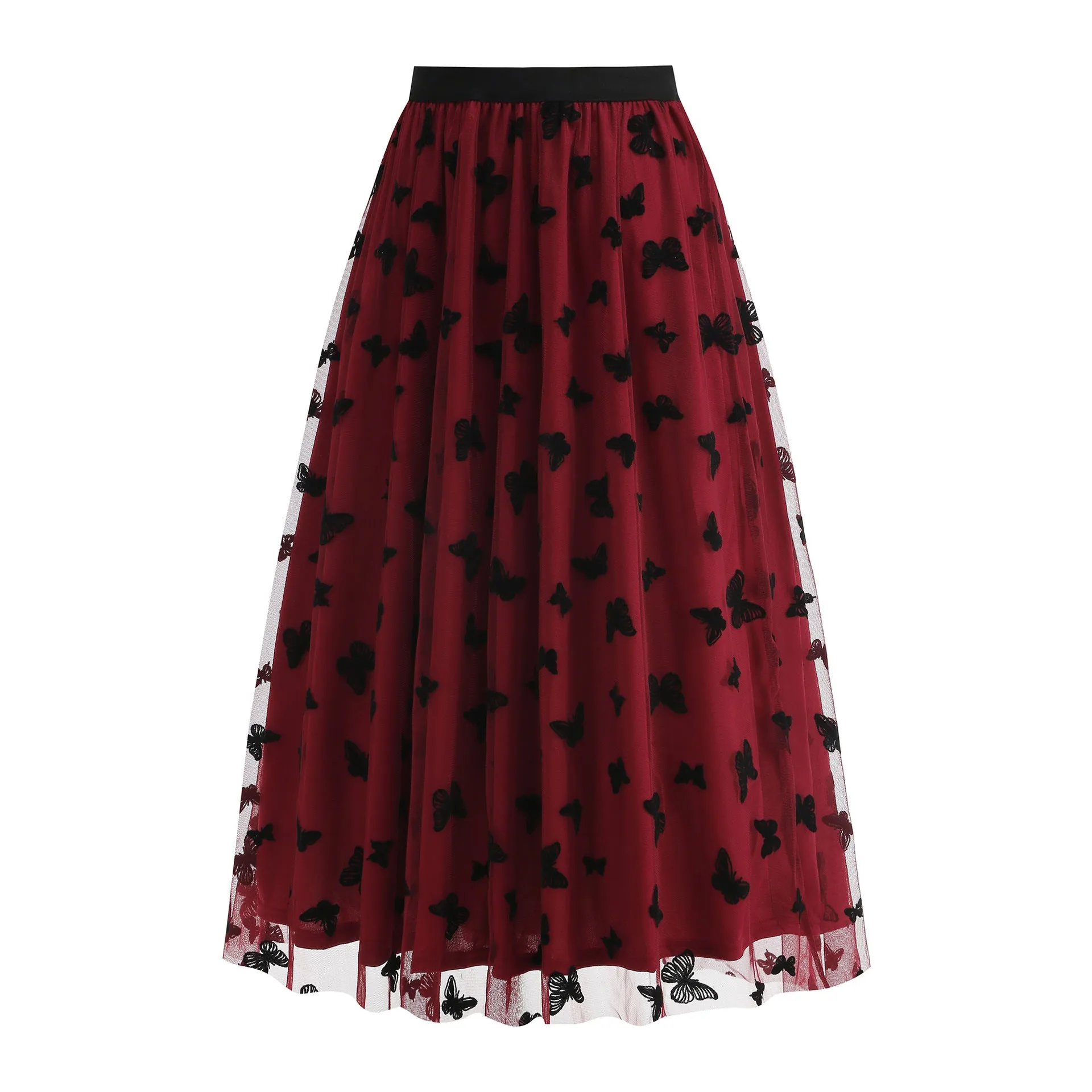 High waist mesh big hem skirt for women with butterfly embroidery in khaki colour