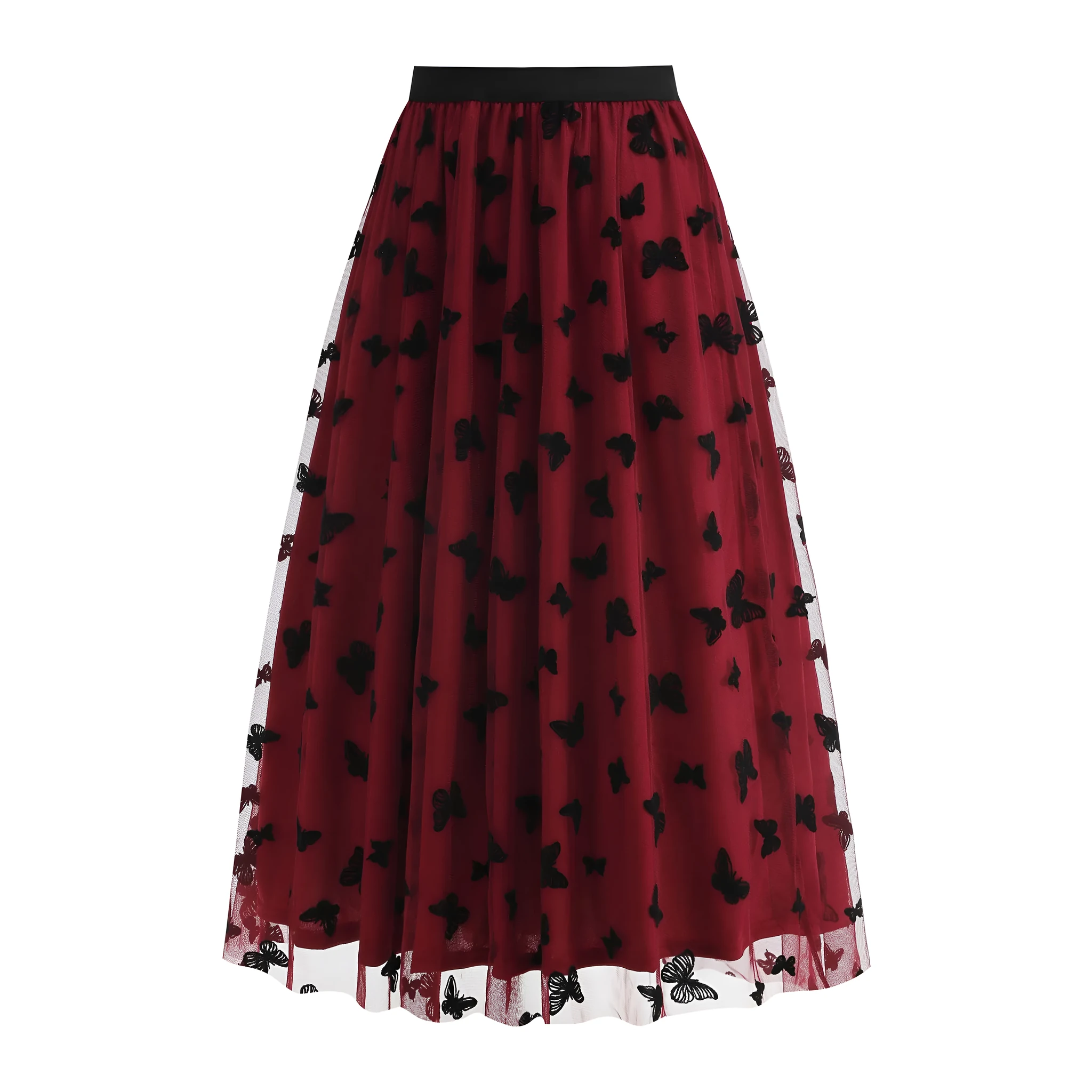 High waist mesh big hem skirt for women with butterfly embroidery in khaki colour