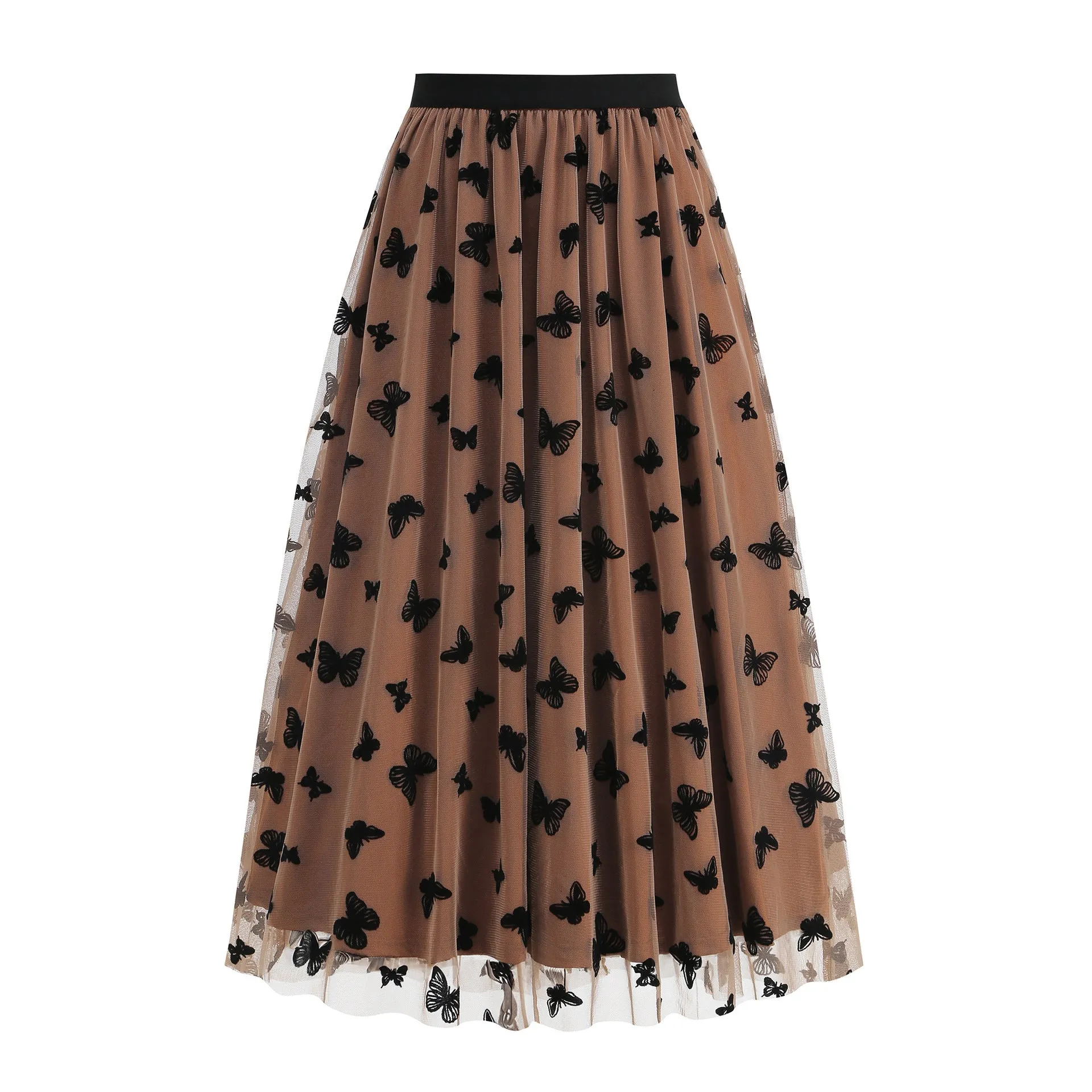 High waist mesh big hem skirt for women with butterfly embroidery in khaki colour