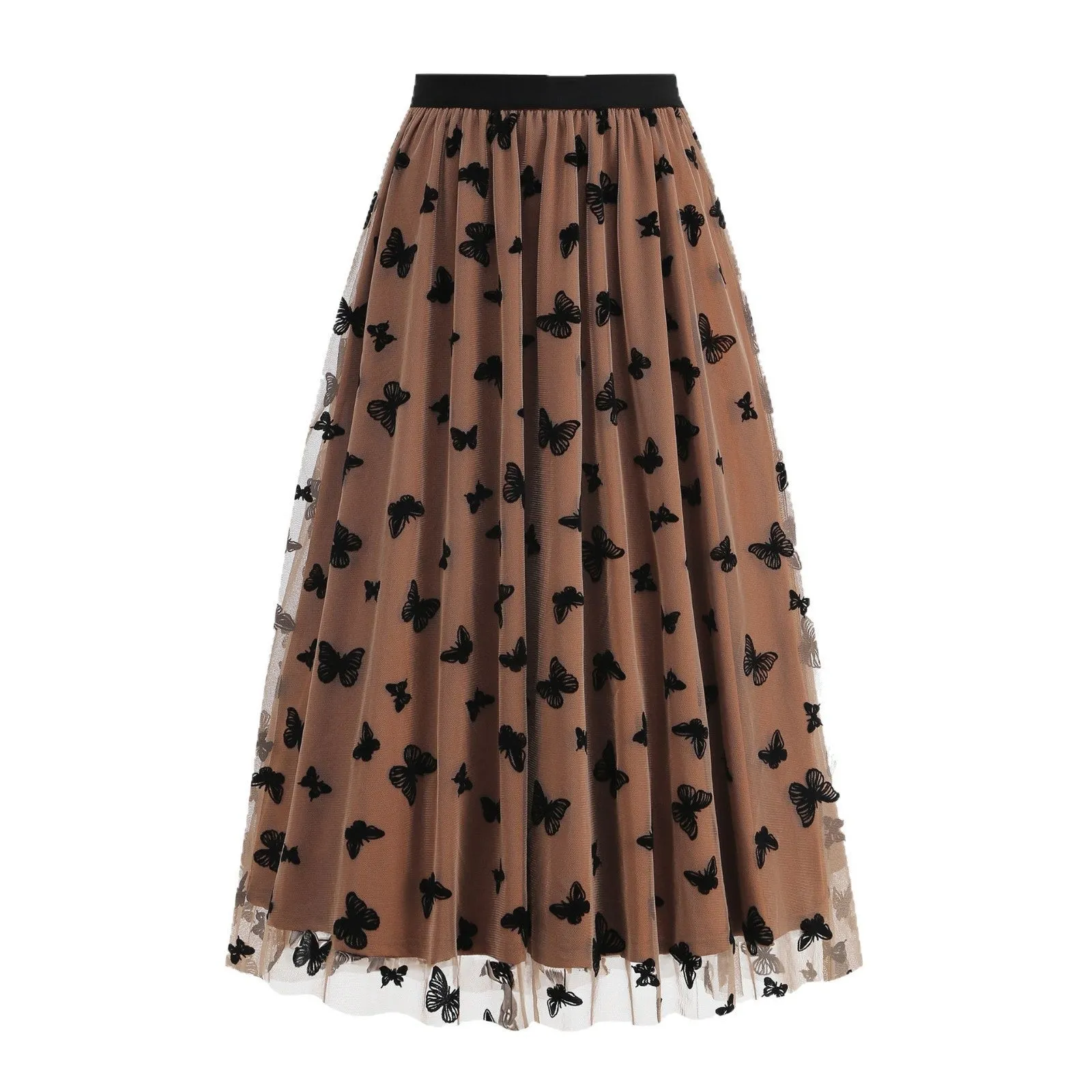 High waist mesh big hem skirt for women with butterfly embroidery in khaki colour