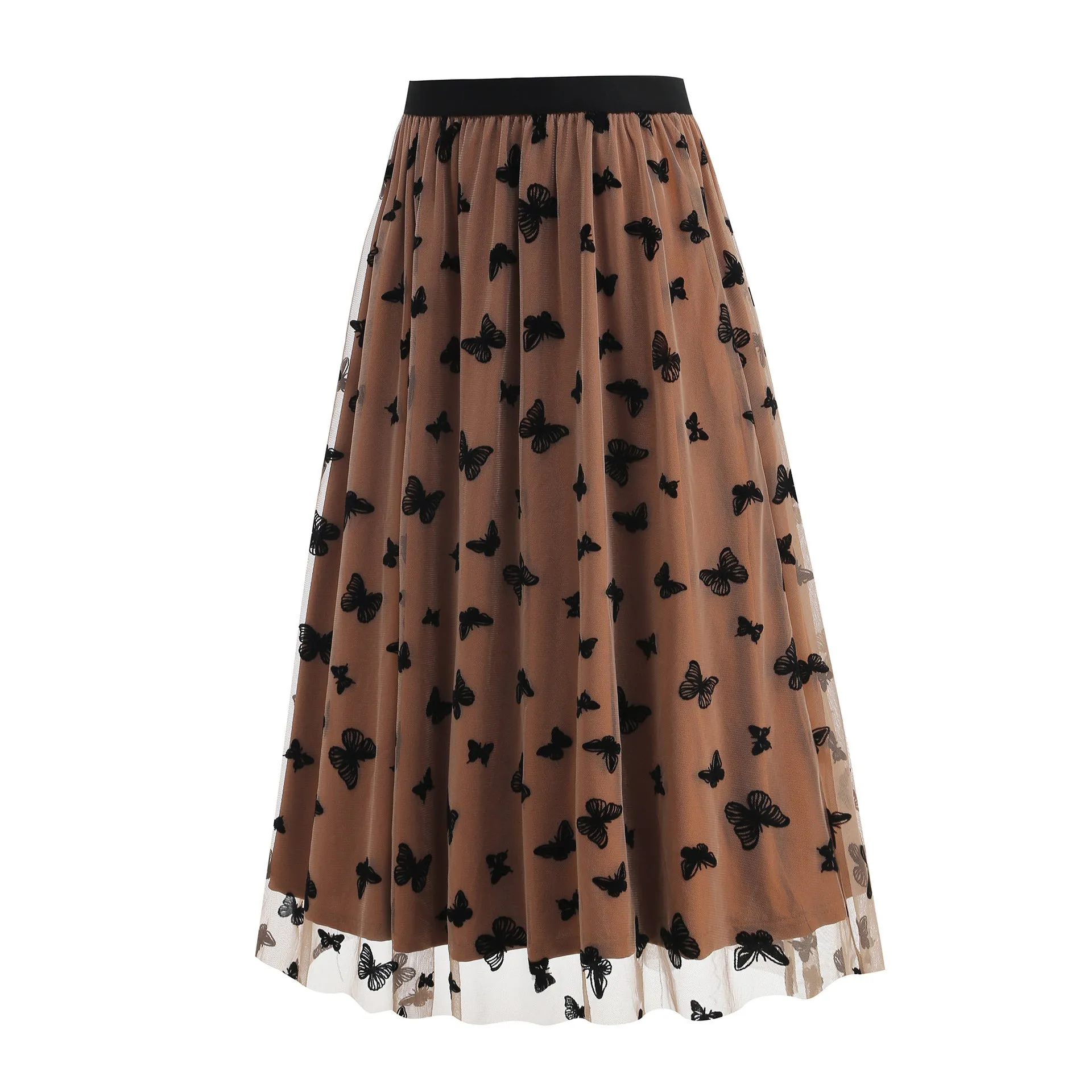 High waist mesh big hem skirt for women with butterfly embroidery in khaki colour