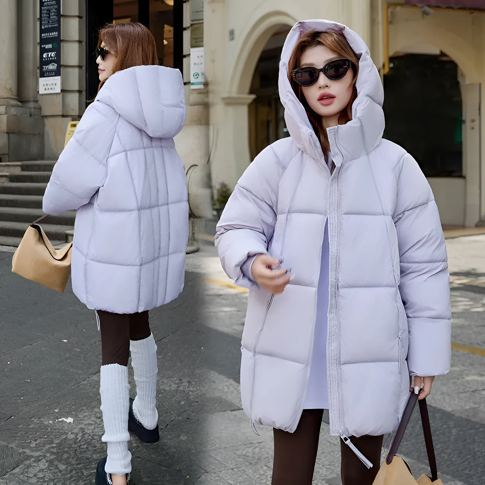 Women's padded fleece jacket in purple, hooded long sleeve loose fit style