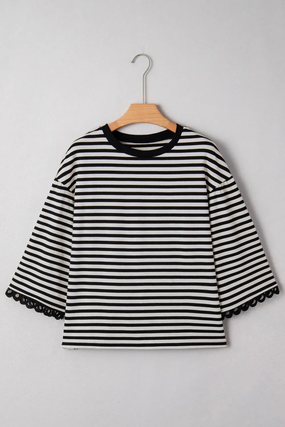 Striped crew neck long sleeve top for women loose fit polyester t-shirt in black