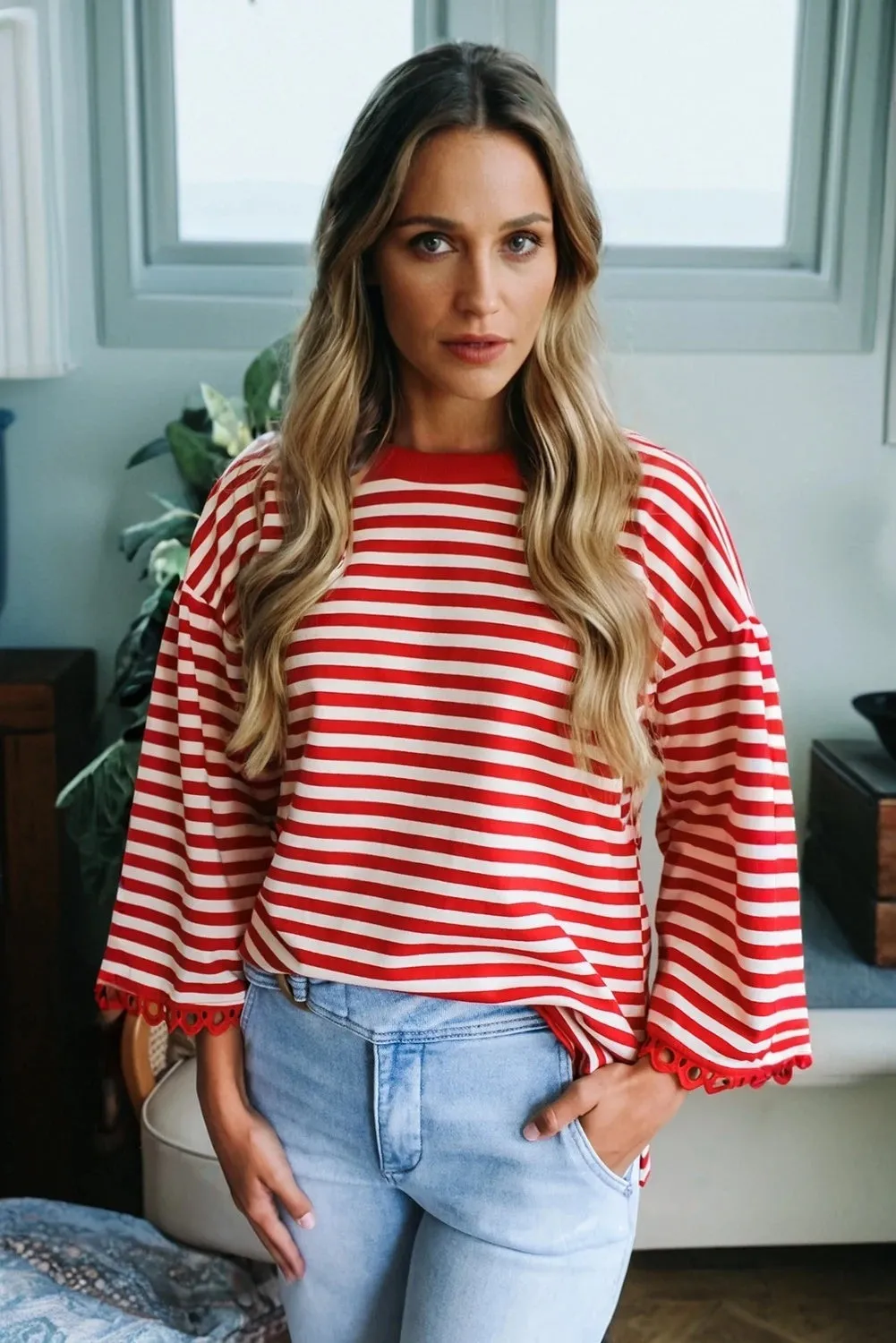 Striped crew neck long sleeve top for women loose fit polyester t-shirt in black
