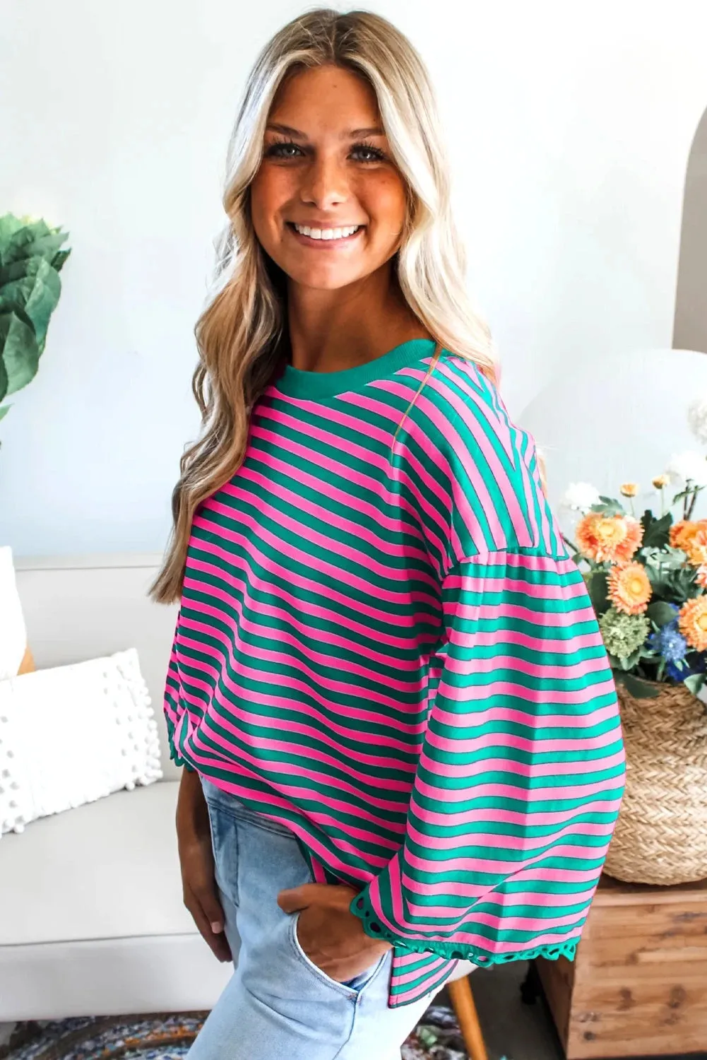 Striped crew neck long sleeve top for women loose fit polyester t-shirt in black