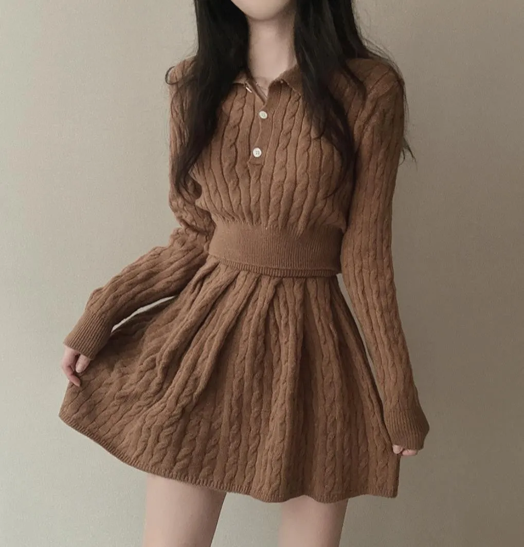Women's knitted sweater and pleated skirt slim fit matching set in apricot with splicing design