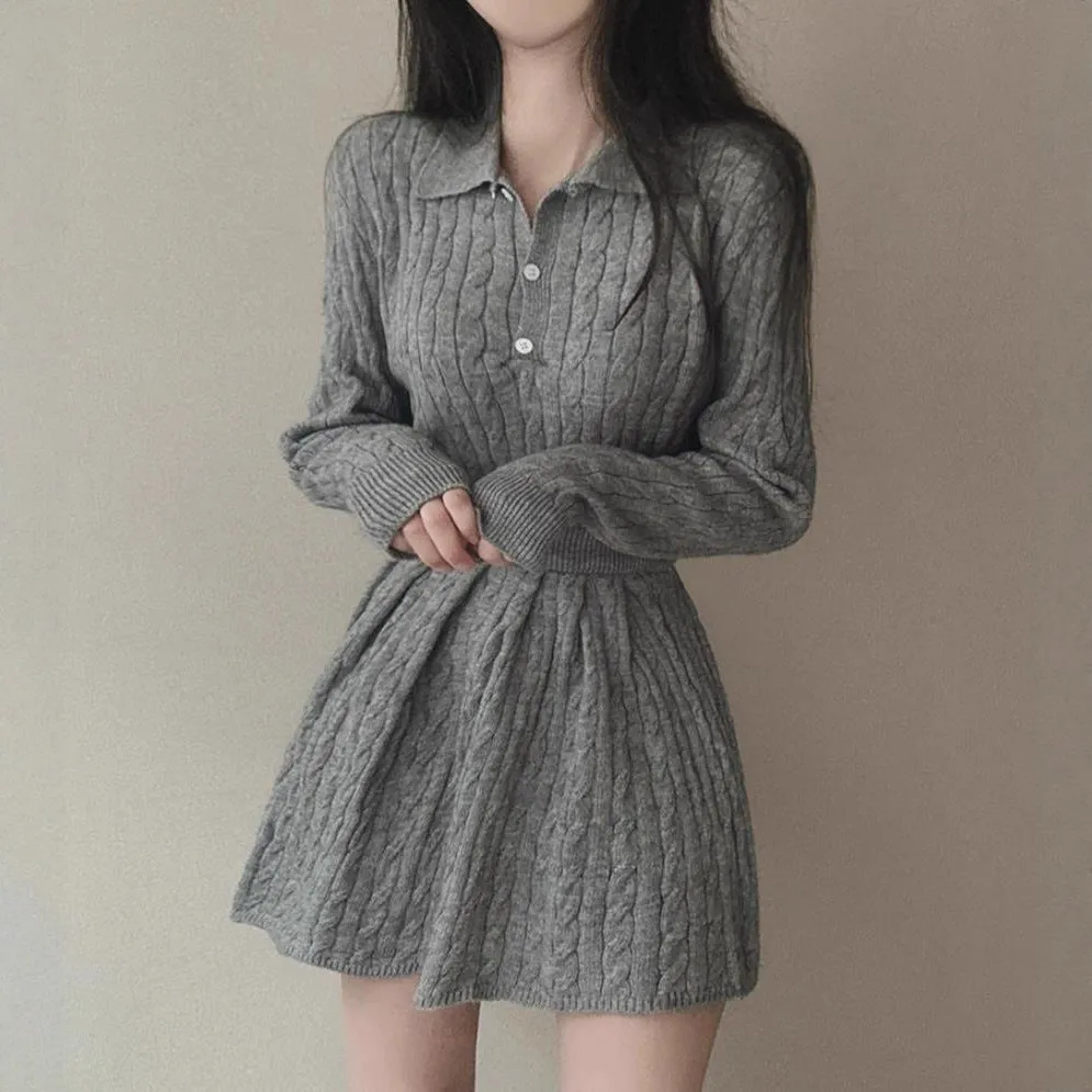Women's knitted sweater and pleated skirt slim fit matching set in apricot with splicing design