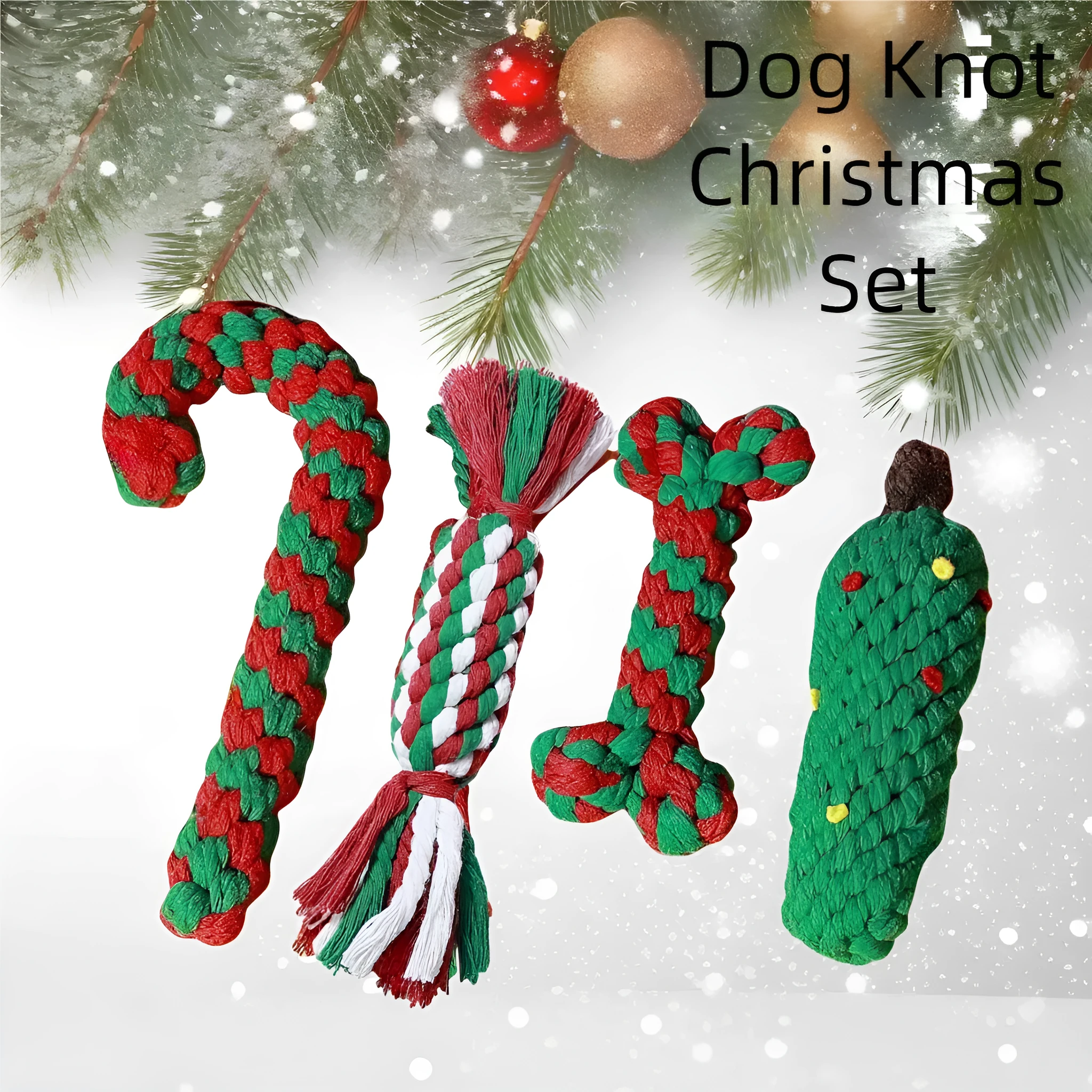 Four Christmas-themed cotton rope dog toys in red and green, including candy cane, bone, crutch, and tree shapes