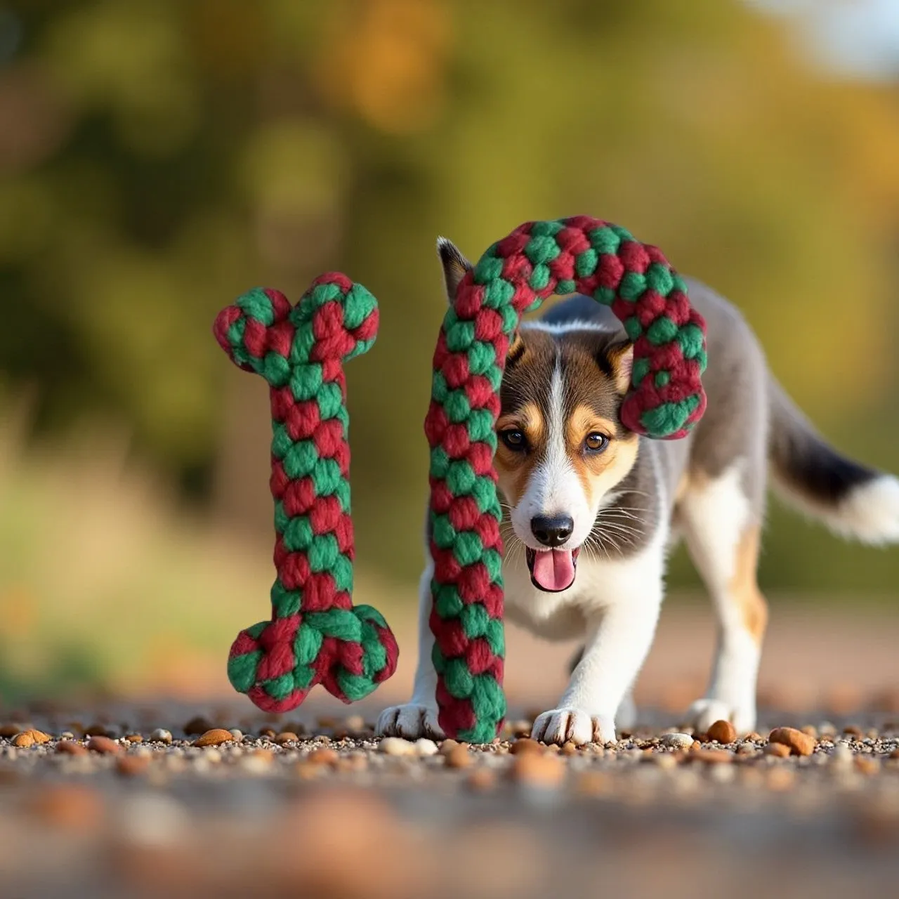 Four Christmas-themed cotton rope dog toys in red and green, including candy cane, bone, crutch, and tree shapes