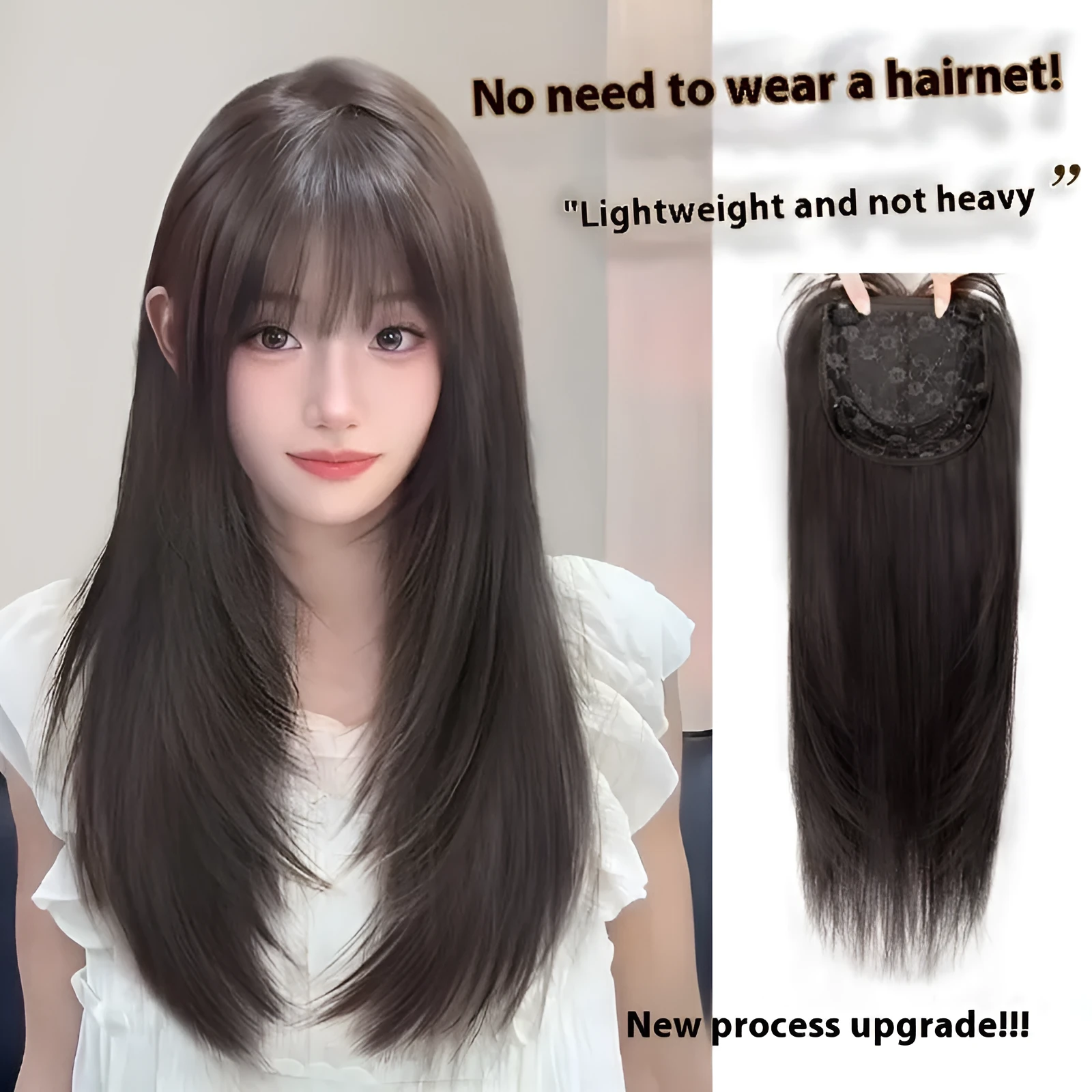 Full-head long straight layered wig in synthetic fibre with wear-free hair net
