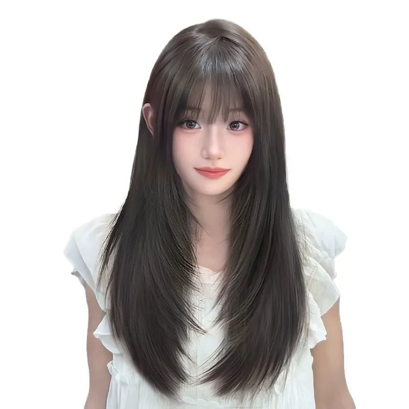 Full-head long straight layered wig in synthetic fibre with wear-free hair net