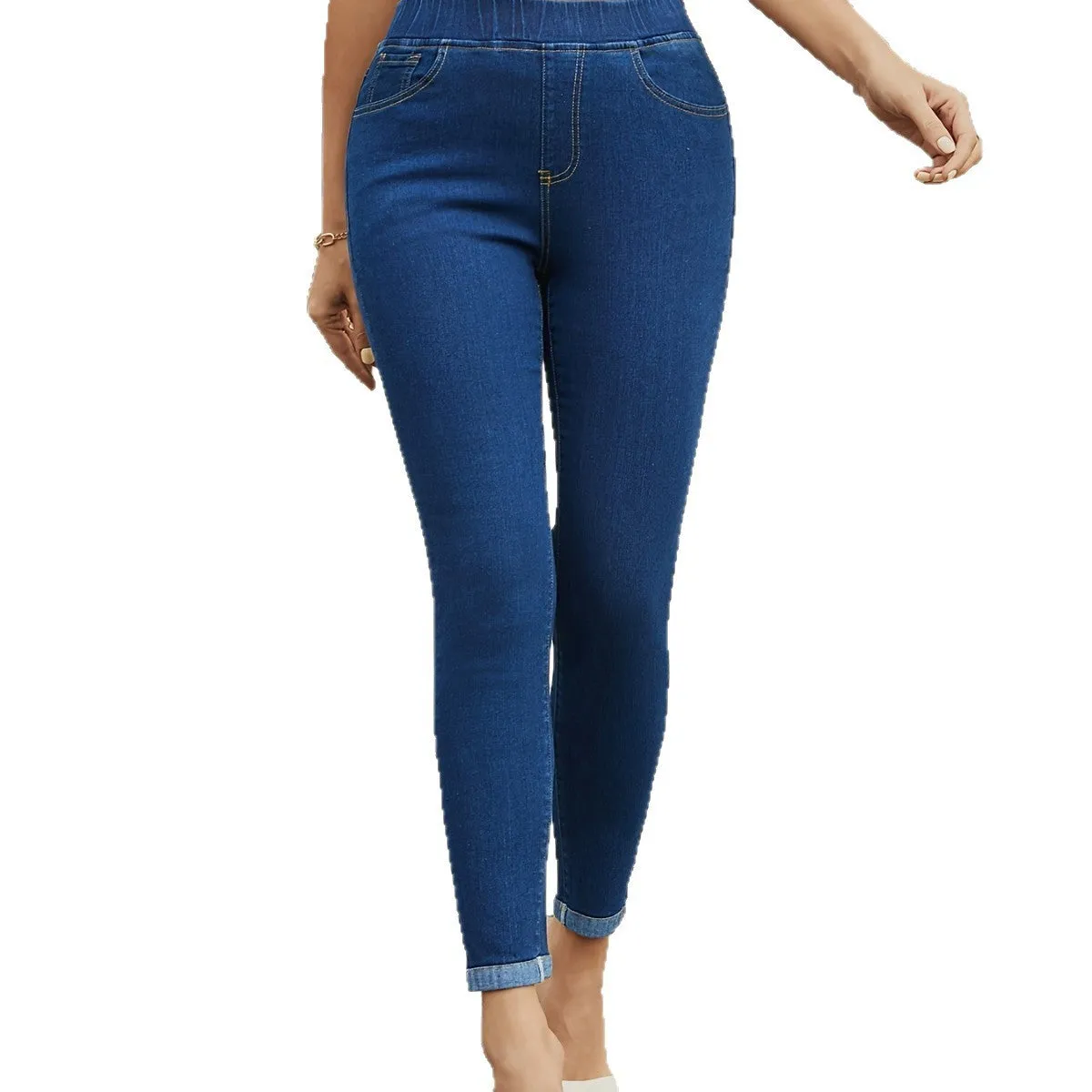 Blue elastic waist stretch slimming ankle-length jeans for women mid waist skinny cotton blend