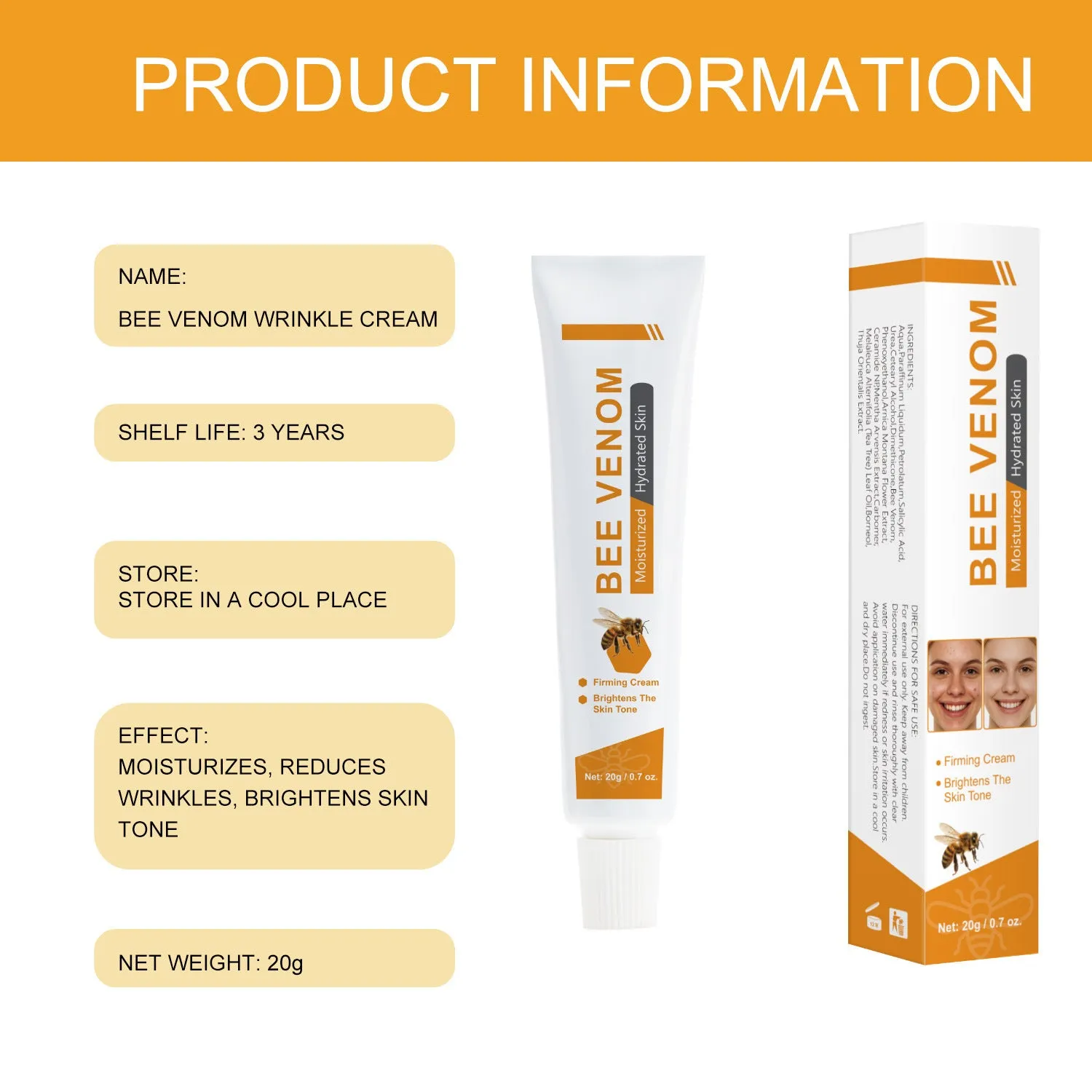 20g BEE facial and neck moisturising cream tube for daily skin hydration