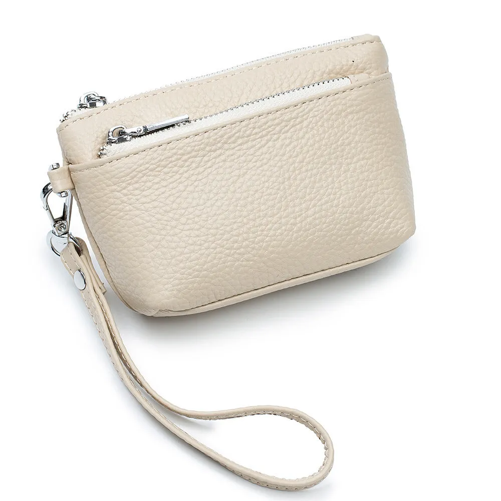 Women's small genuine leather wallet in solid colour with sewing thread detail, retro style, eight colour options available