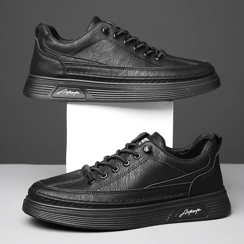 Men's casual shoes with black artificial PU upper, rubber sole, elastic band, low-top round-toe design