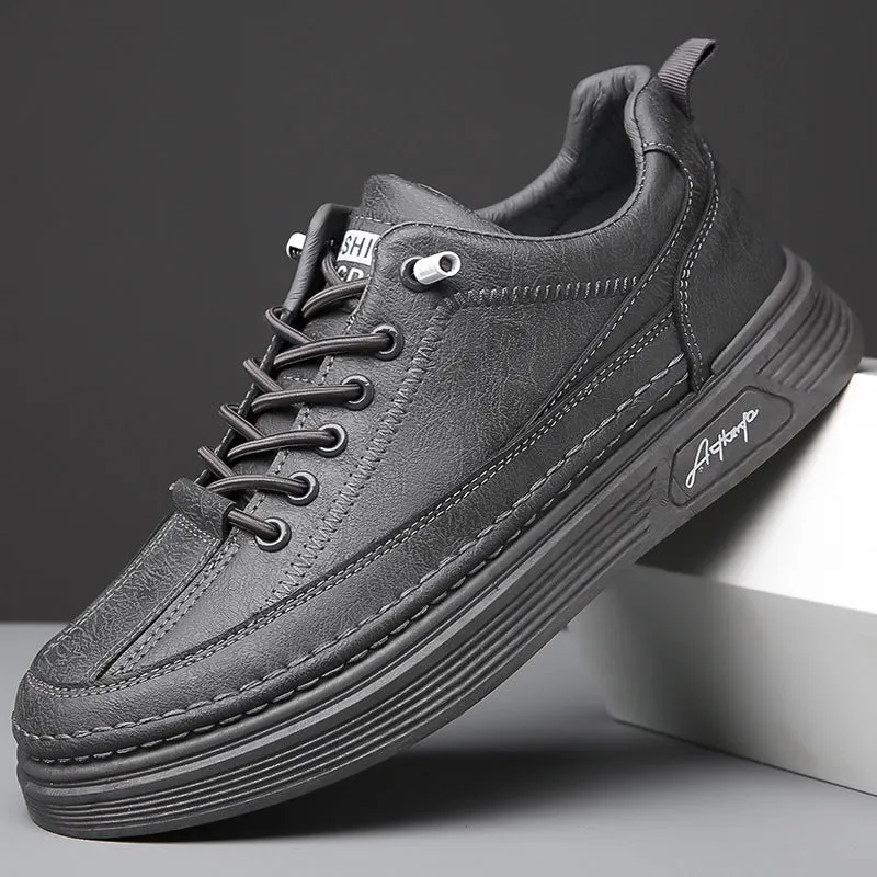 Men's casual shoes with black artificial PU upper, rubber sole, elastic band, low-top round-toe design