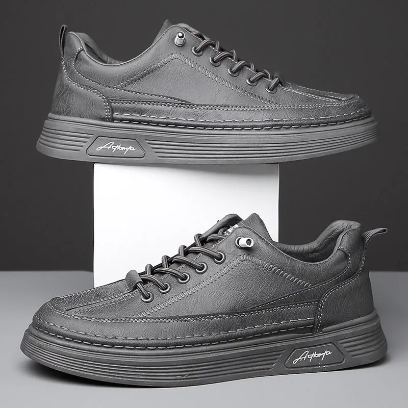 Men's casual shoes with black artificial PU upper, rubber sole, elastic band, low-top round-toe design