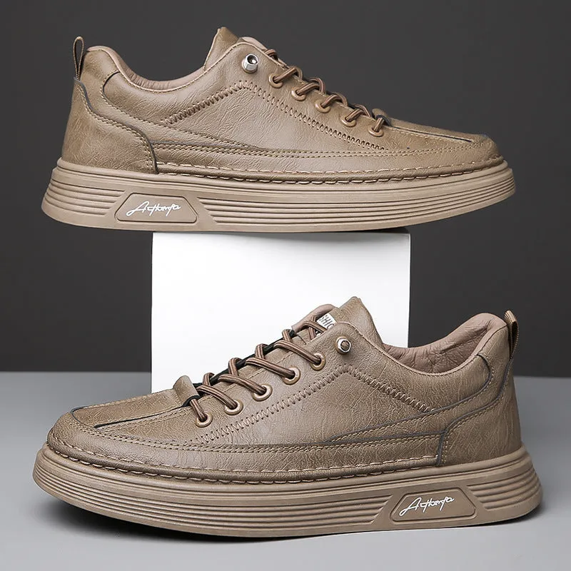 Men's casual shoes with black artificial PU upper, rubber sole, elastic band, low-top round-toe design